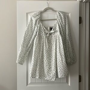 White with blue floral mini dress